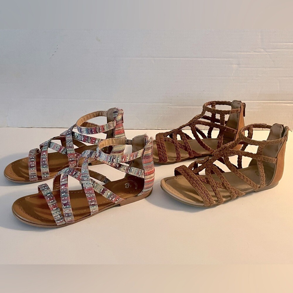 Set of 2 Pairs Girls Youth Size 2 Boho Strap Gladiator Sandals Shoes Footwear - Picture 13 of 16